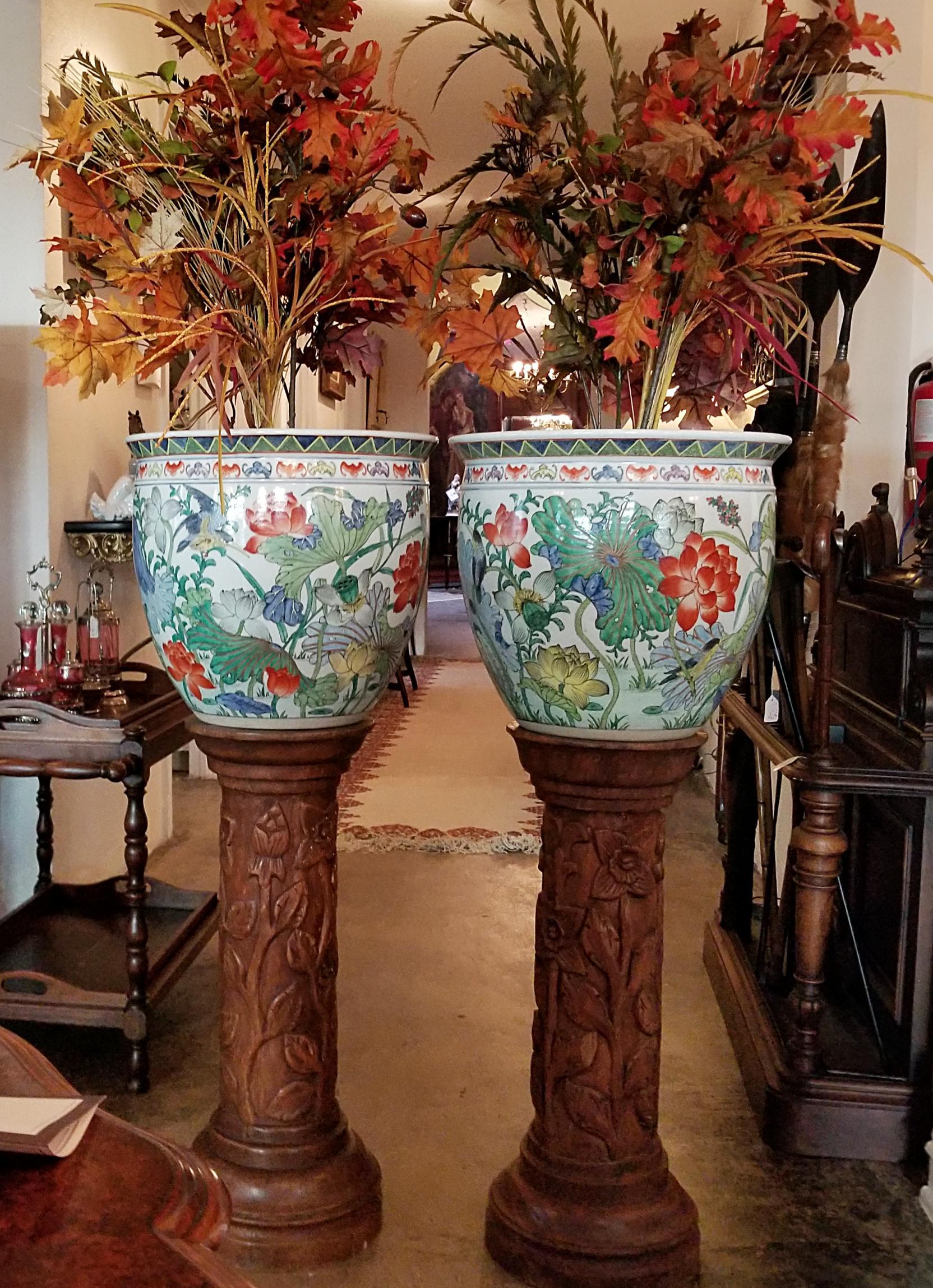 French Provincial Pair of Oriental Gump Fish Bowls on French Walnut Jardinières