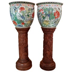 Pair of Oriental Gump Fish Bowls on French Walnut Jardinières