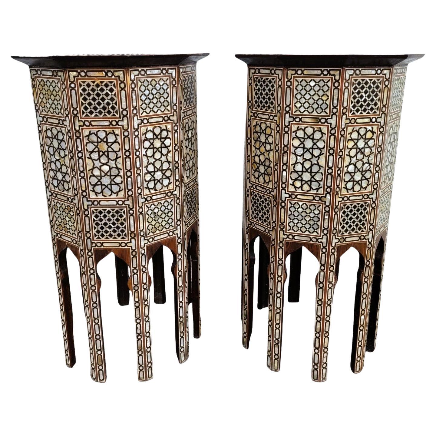 Pair Of Oriental Marquetry Pedestal Tables, 20th Century