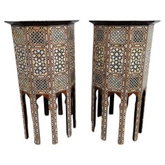 Vintage Pair Of Oriental Marquetry Pedestal Tables, 20th Century