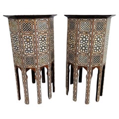 Pair Of Oriental Marquetry Pedestal Tables, 20th Century