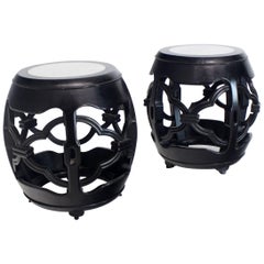 Vintage Pair of Oriental Pierced Carving Barrel Shape Ebonized Marble-Top Stands Tables