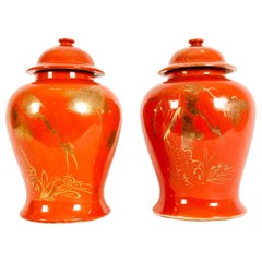 Pair Oriental Porcelain Decorative Covered Urns