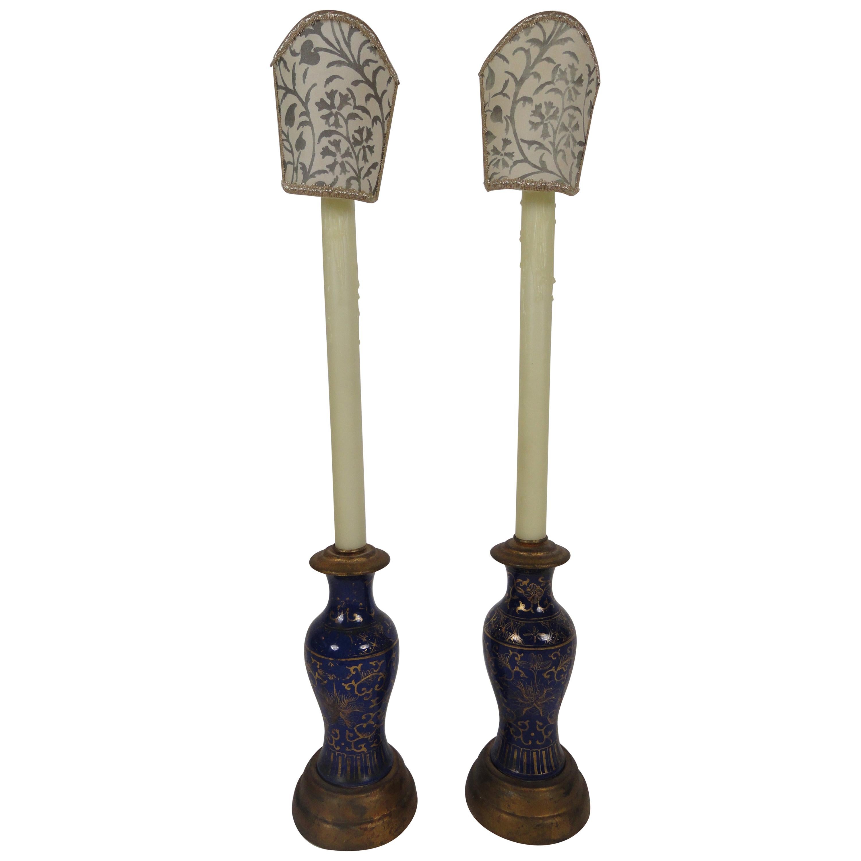 Pair of Oriental Powder Blue Candlestick Lamps For Sale