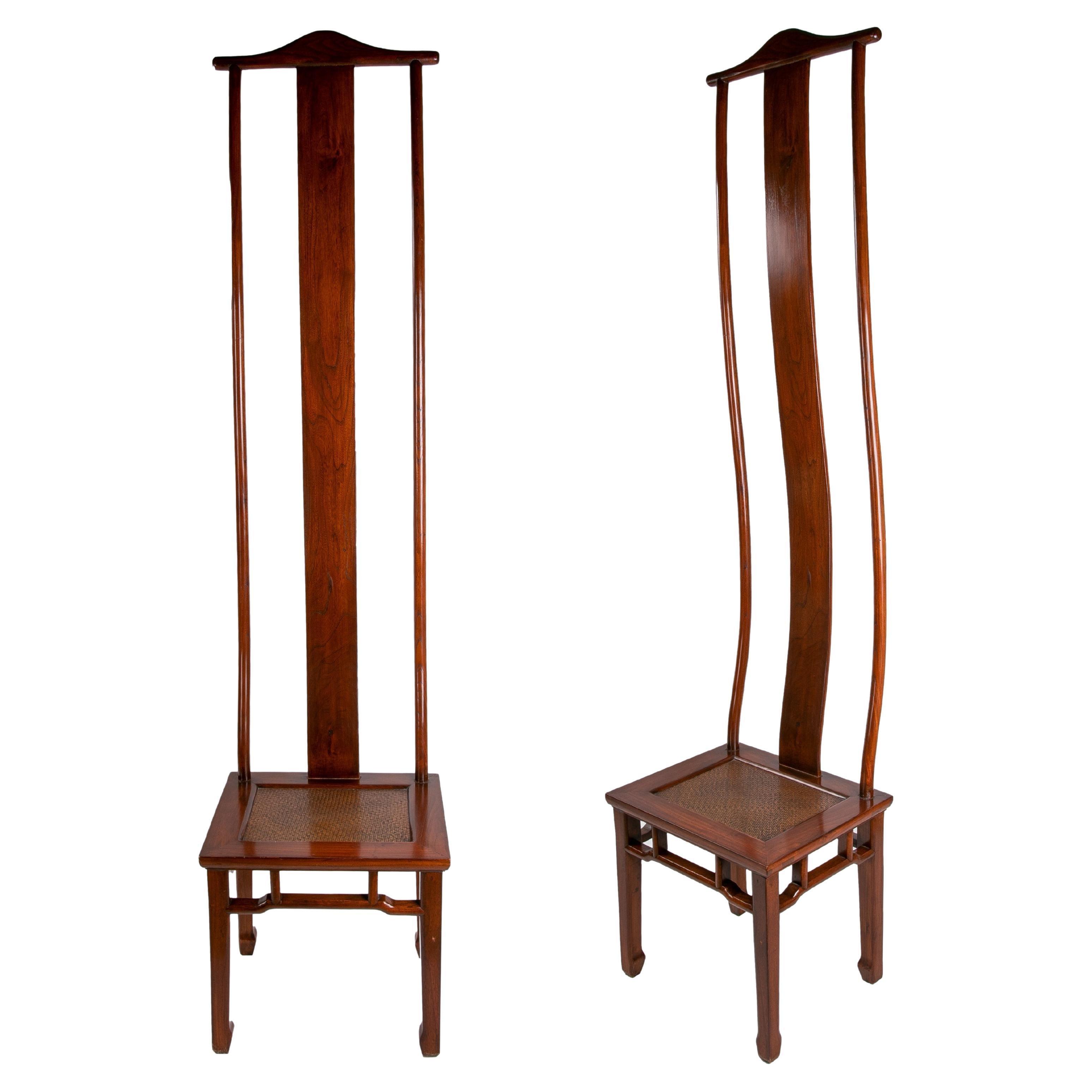 Pair of Oriental Style Wooden Chairs with Very High Backs For Sale