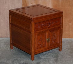 Pair of Oriental Teak Side End Lamp Wine Tables Drawers with Birds & Flowers