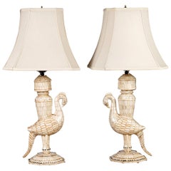 Pair of Oriental Tesselated Ox-Bone Table Lamps in the Shape of Roosters