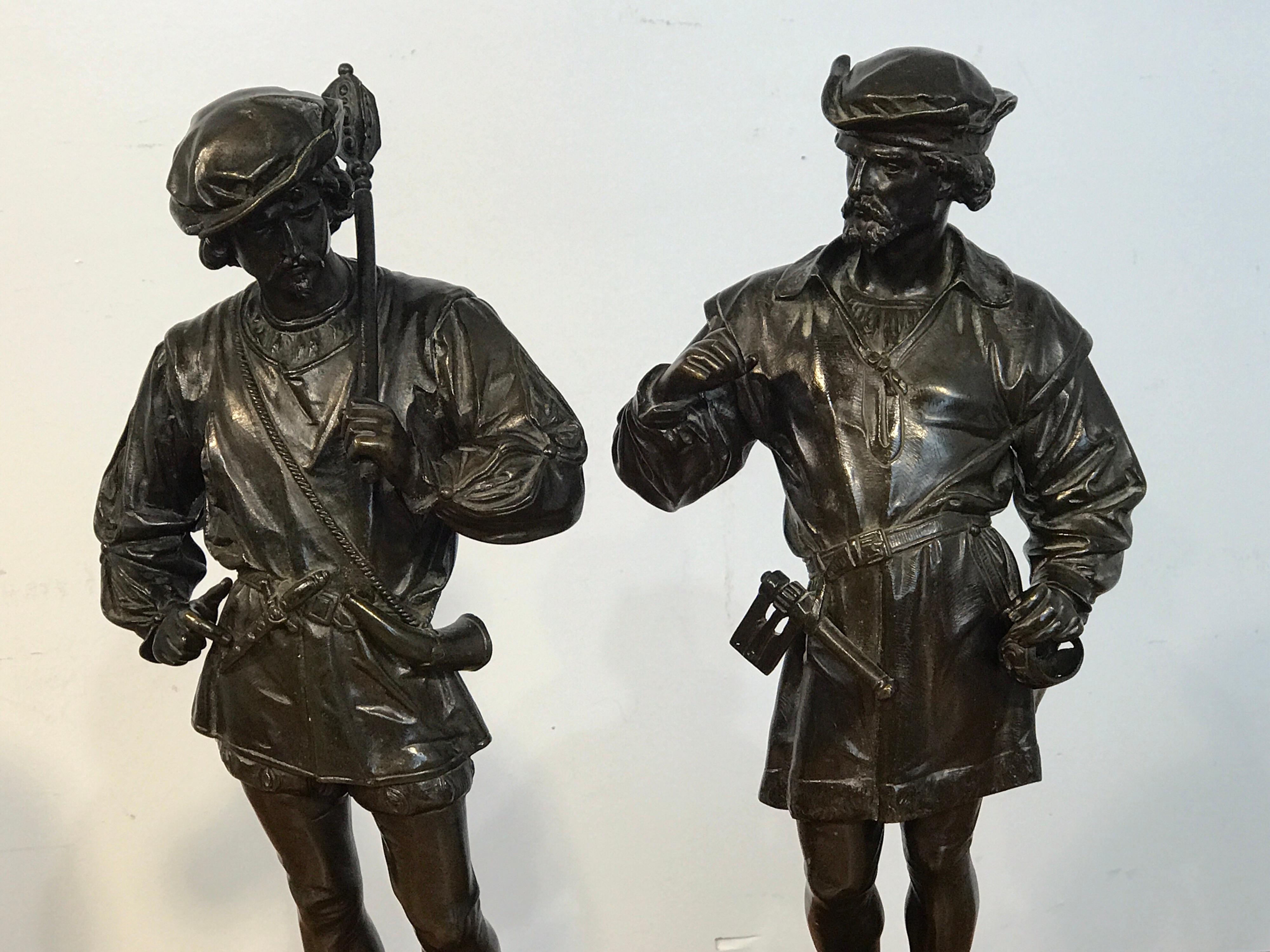 Pair of orientalist bronzes of standing Turks, signed Guillot,
Anatole-Jean-Thomas Guillot French (1865-1911)
Each one intricately dressed holding weapons, raised on Belgian black marble plinths.
 