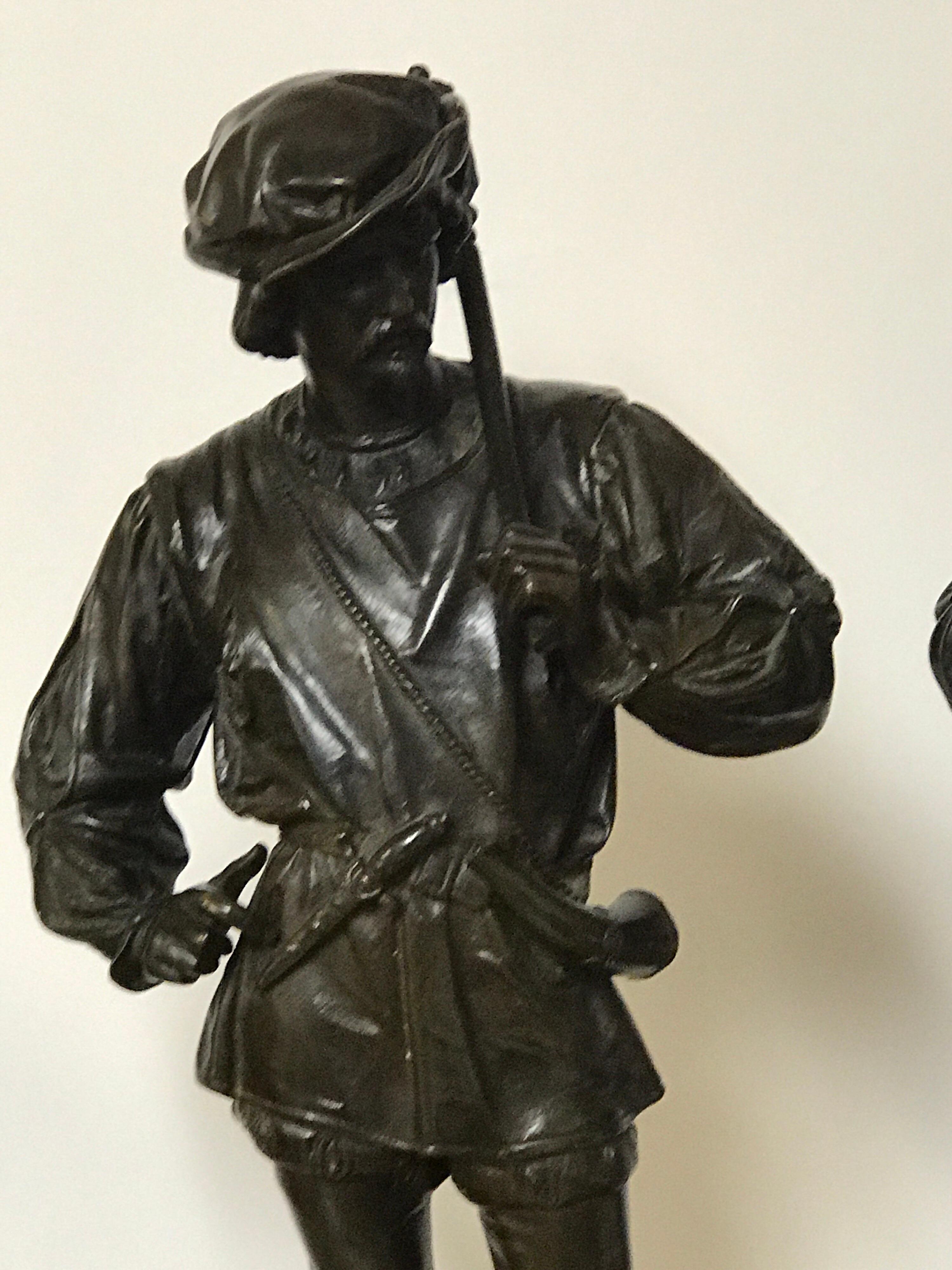 French Pair of Orientalist Bronzes of Standing Turks, Signed Guillot