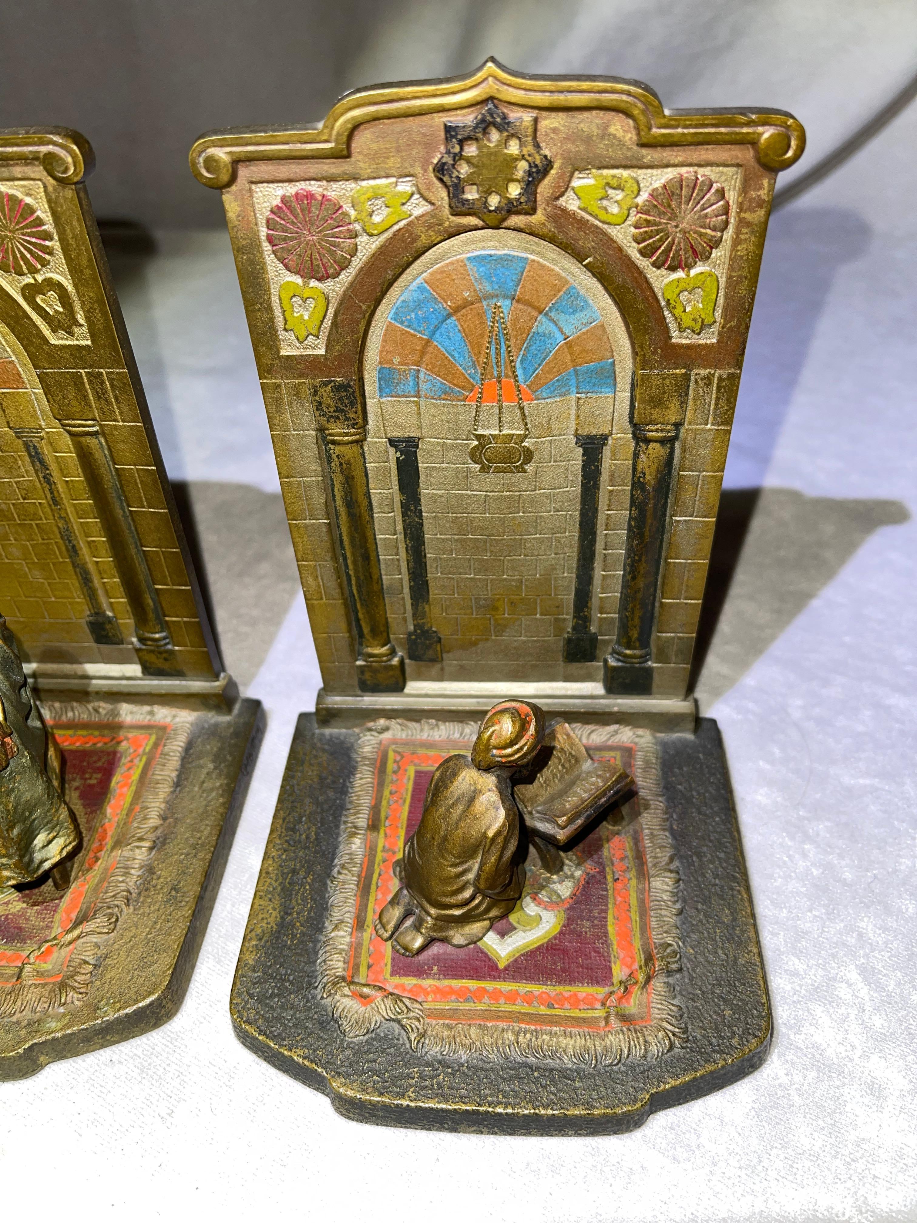 Moorish Pair of Orientalist Cold Painted Bronze Bookends, Signed 