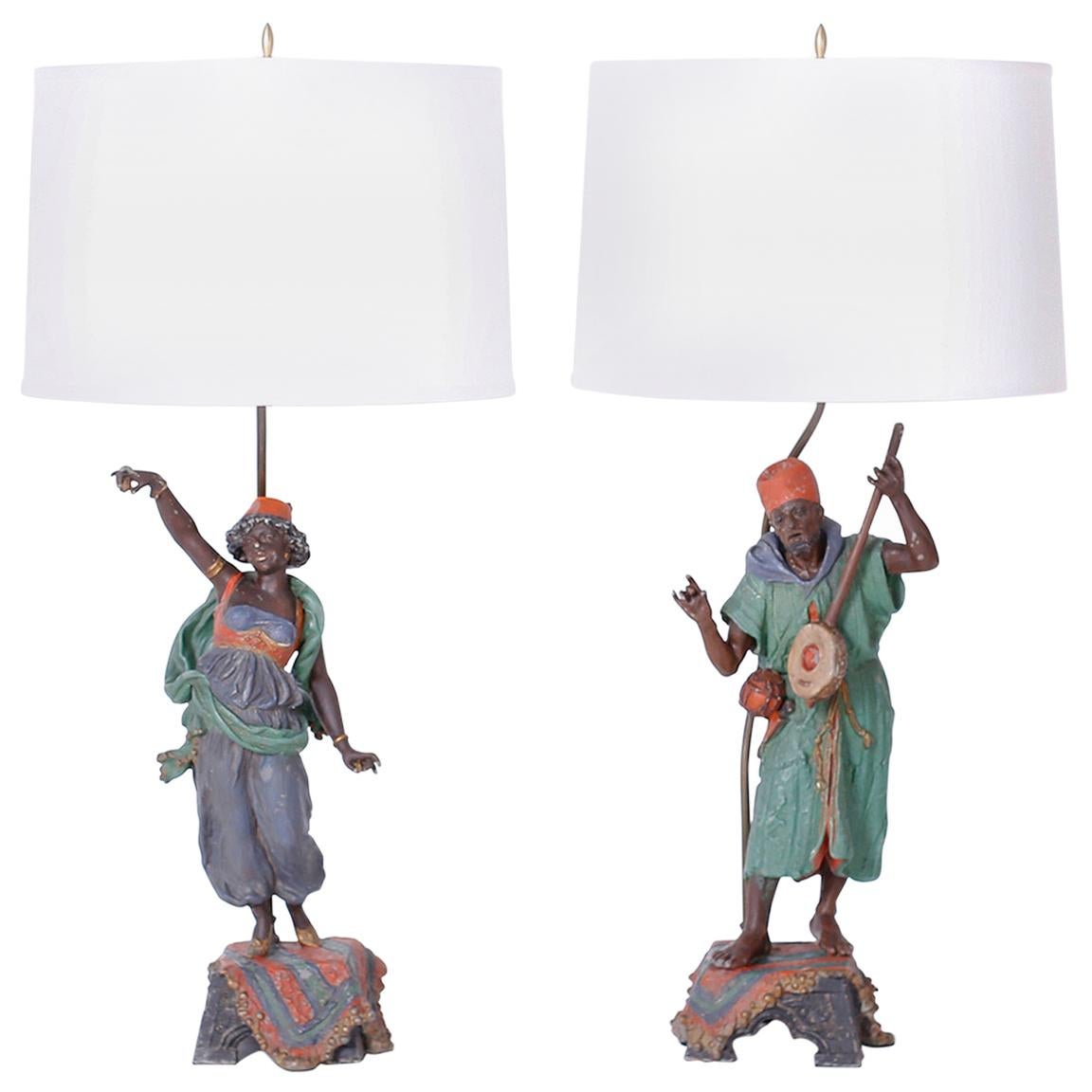 Pair of Orientalist Figural Table Lamps For Sale