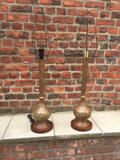 Pair of Orientalist Lamps in Brass and walnut circa 1930