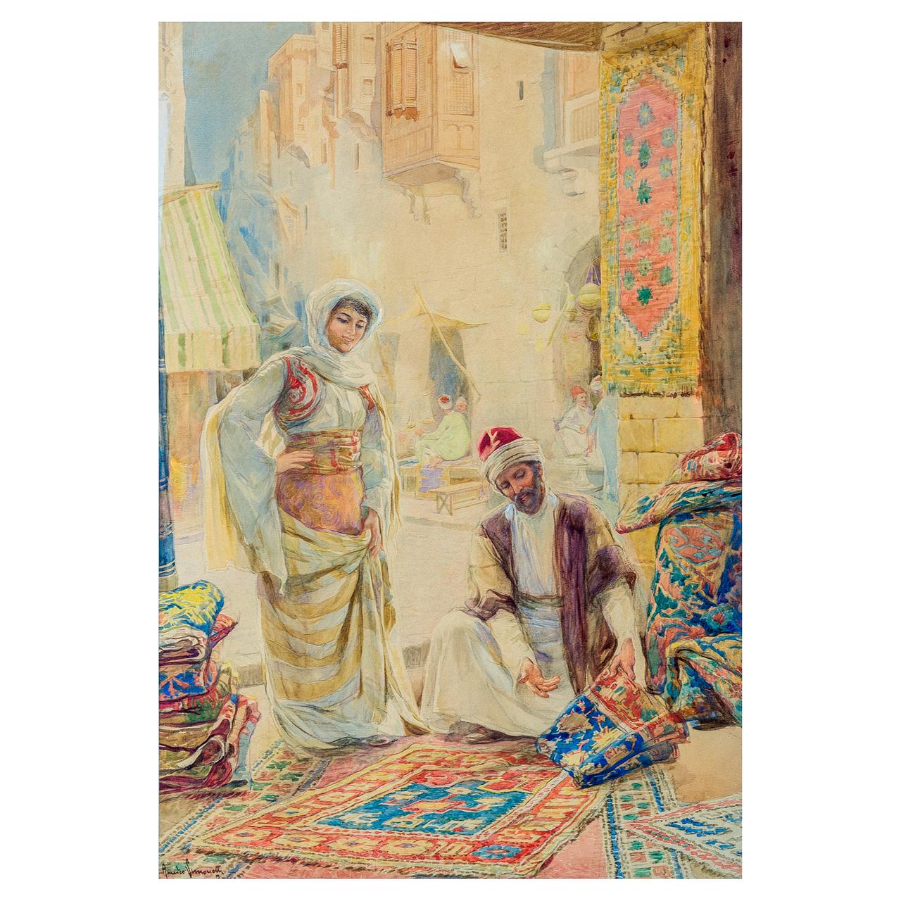 A fine pair of orientalist watercolor paintings depicting Rug Merchants by Amedeo Simonetti.

Maker: Amedeo Simonetti (1874-1922)
Origin: Italian
Date: 19th century
Medium: Watercolor
Dimension: 21 in. x 14 in. (image); 27 1/2 in. x 20 1/2 in.