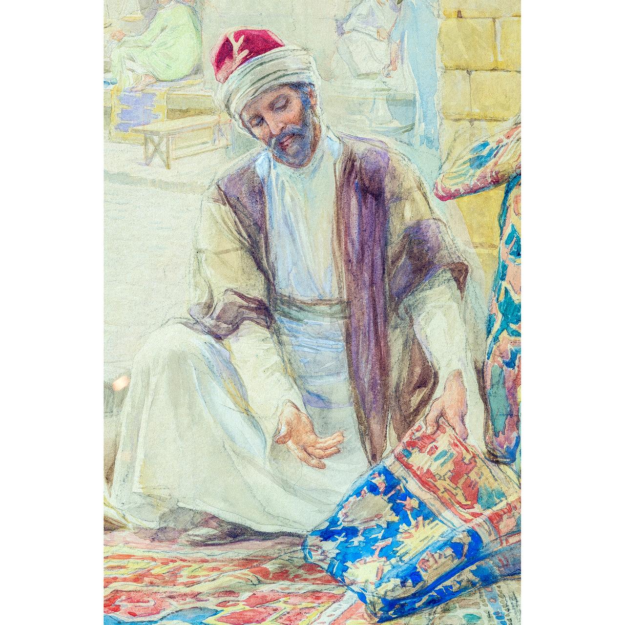 Italian Pair of Orientalist Paintings of Rug Merchants by Amedeo Simonetti For Sale