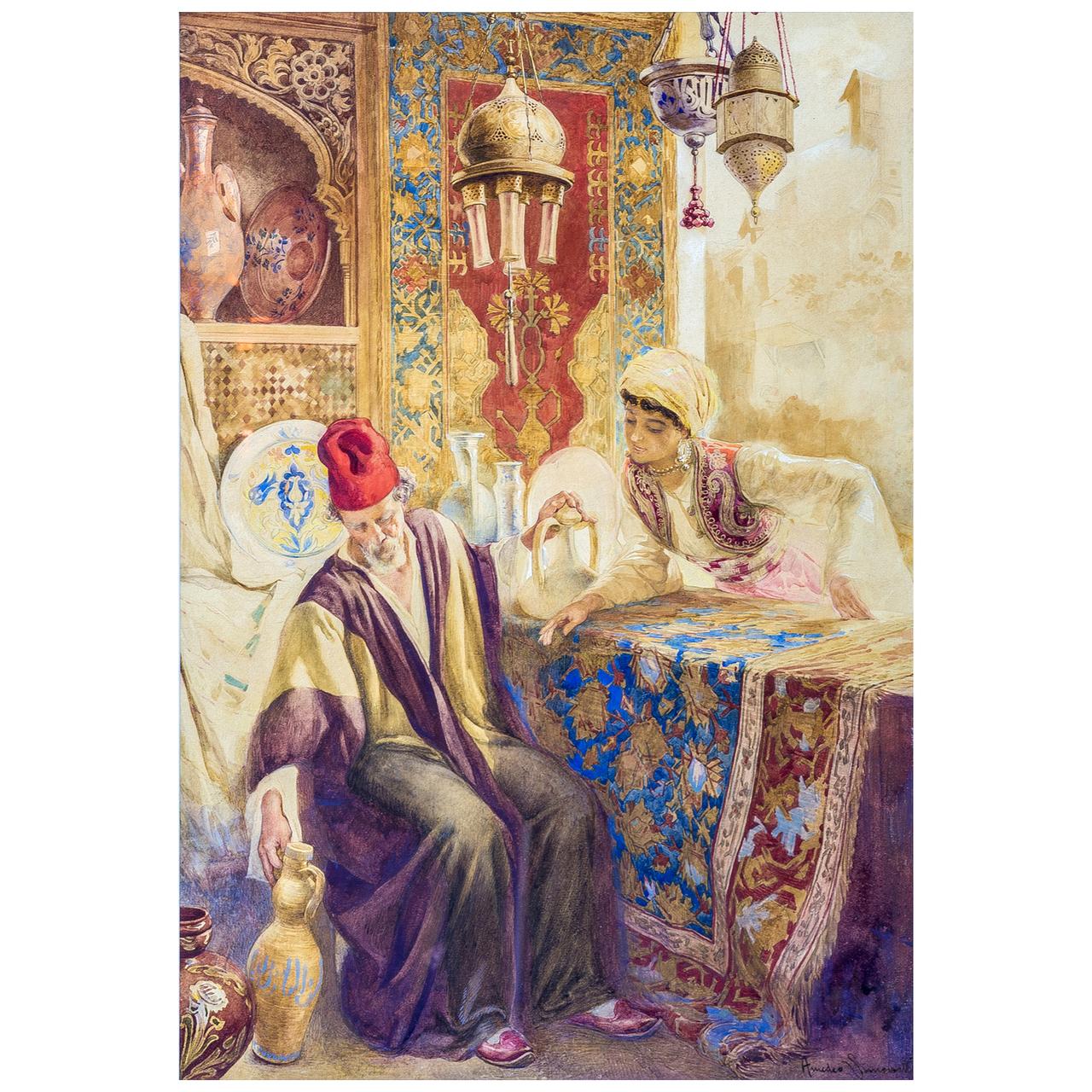 Pair of Orientalist Paintings of Rug Merchants by Amedeo Simonetti In Good Condition For Sale In New York, NY