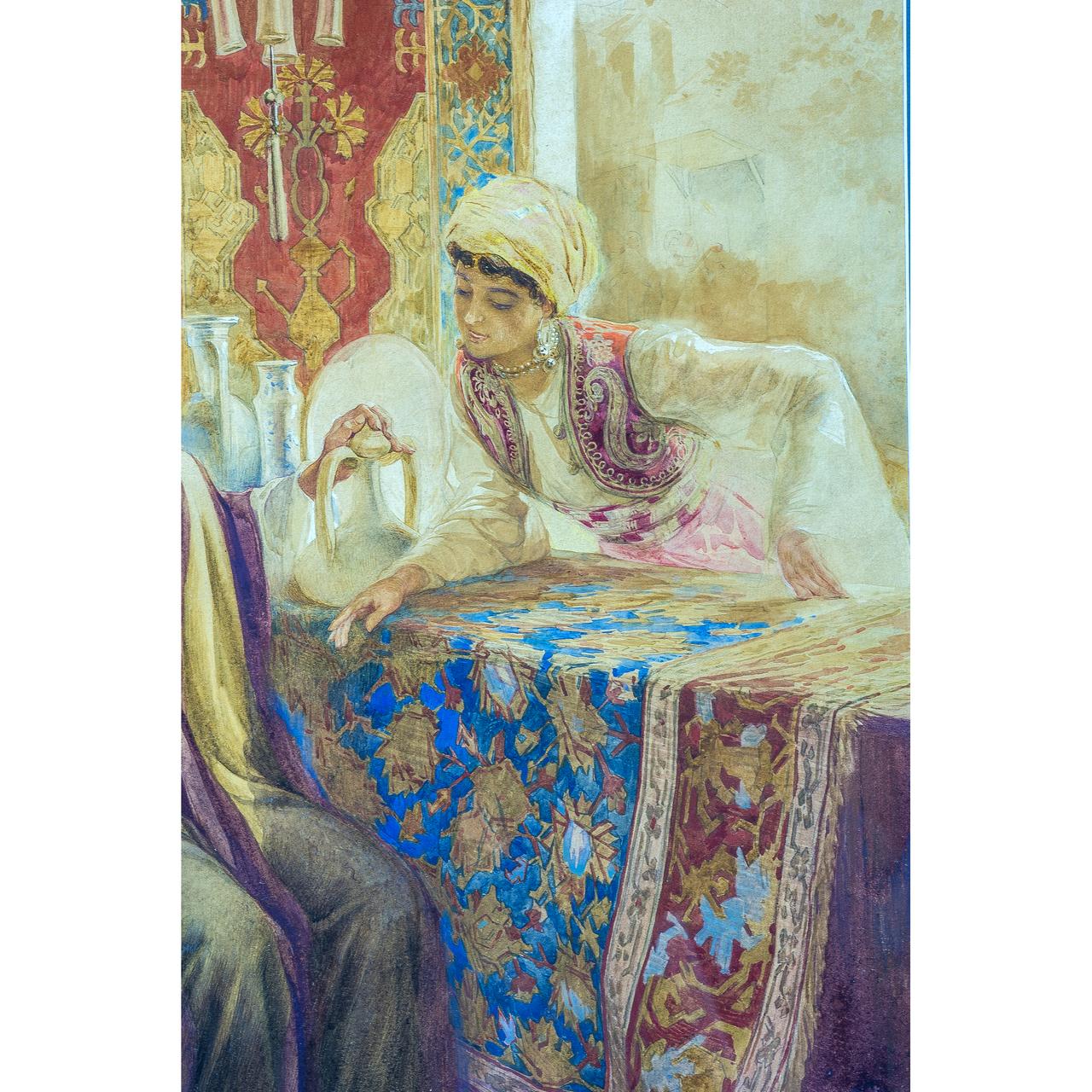 Paper Pair of Orientalist Paintings of Rug Merchants by Amedeo Simonetti For Sale