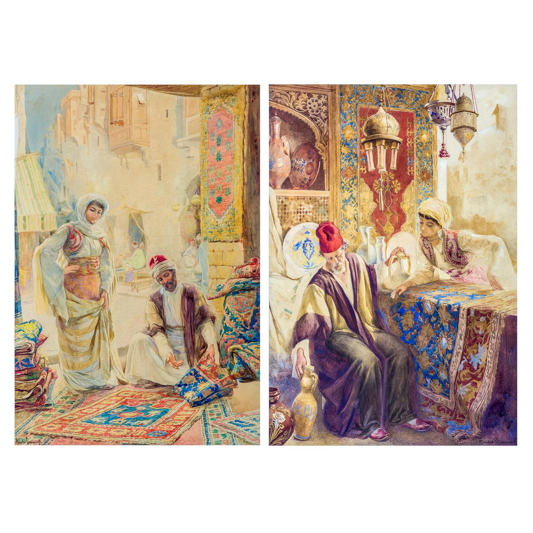 Pair of Orientalist Paintings of Rug Merchants by Amedeo Simonetti