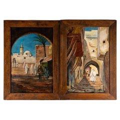 Pair of Orientalist Paintings Oil on Panels in Mahogany XXth Century