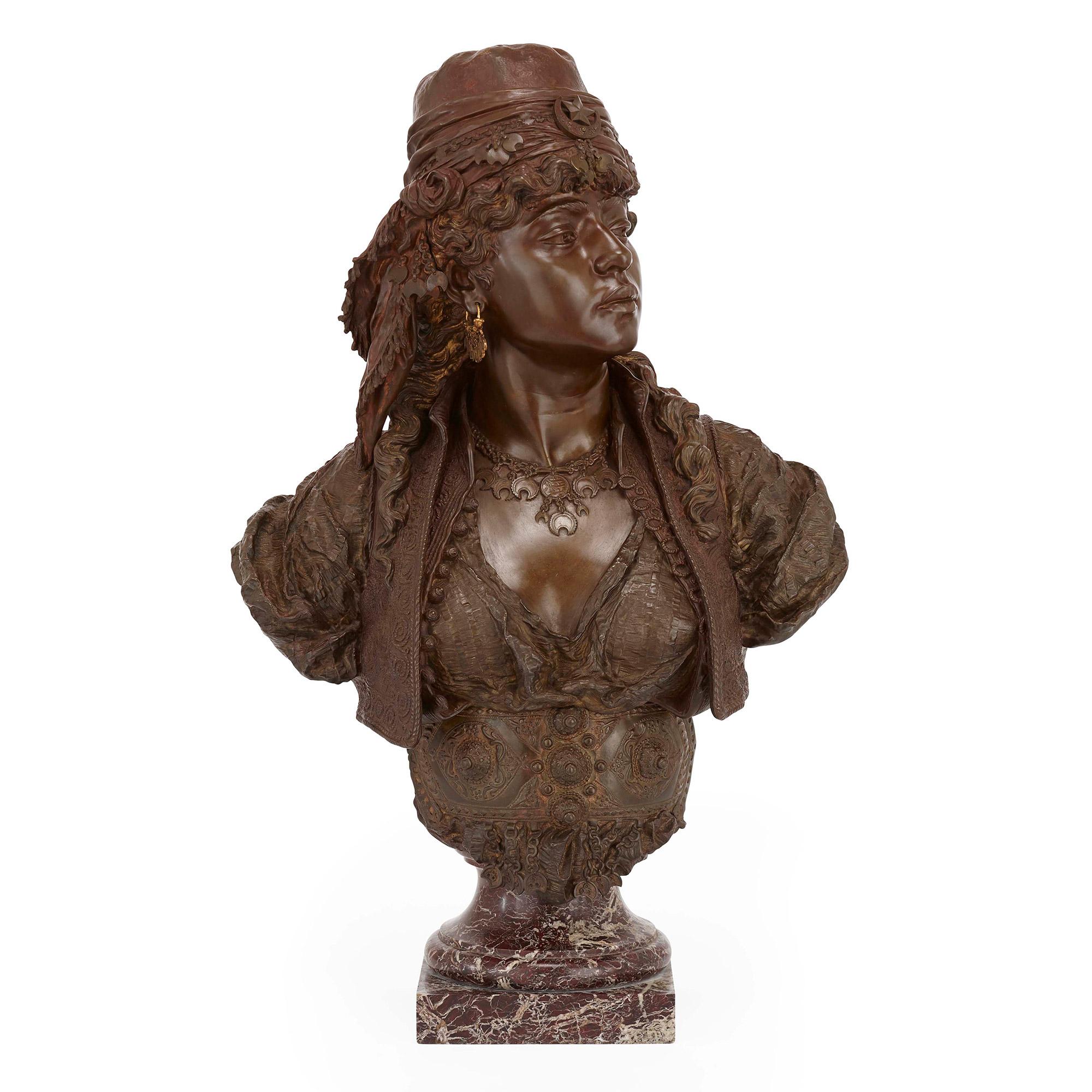 Pair of Orientalist sculpted busts by Guillemin
French, circa 1880-1890
Male figure: Height 89.5cm, width 65cm, depth 40cm
Female figure: Height 79.5cm, width 65cm, depth 40cm

It is the exceptional quality of the casting, as well as the