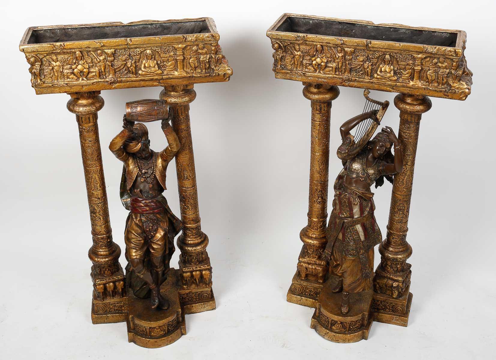 Metal Pair of Orientalist Sculptures, Forming a Jardinière, Ottoman Art. For Sale
