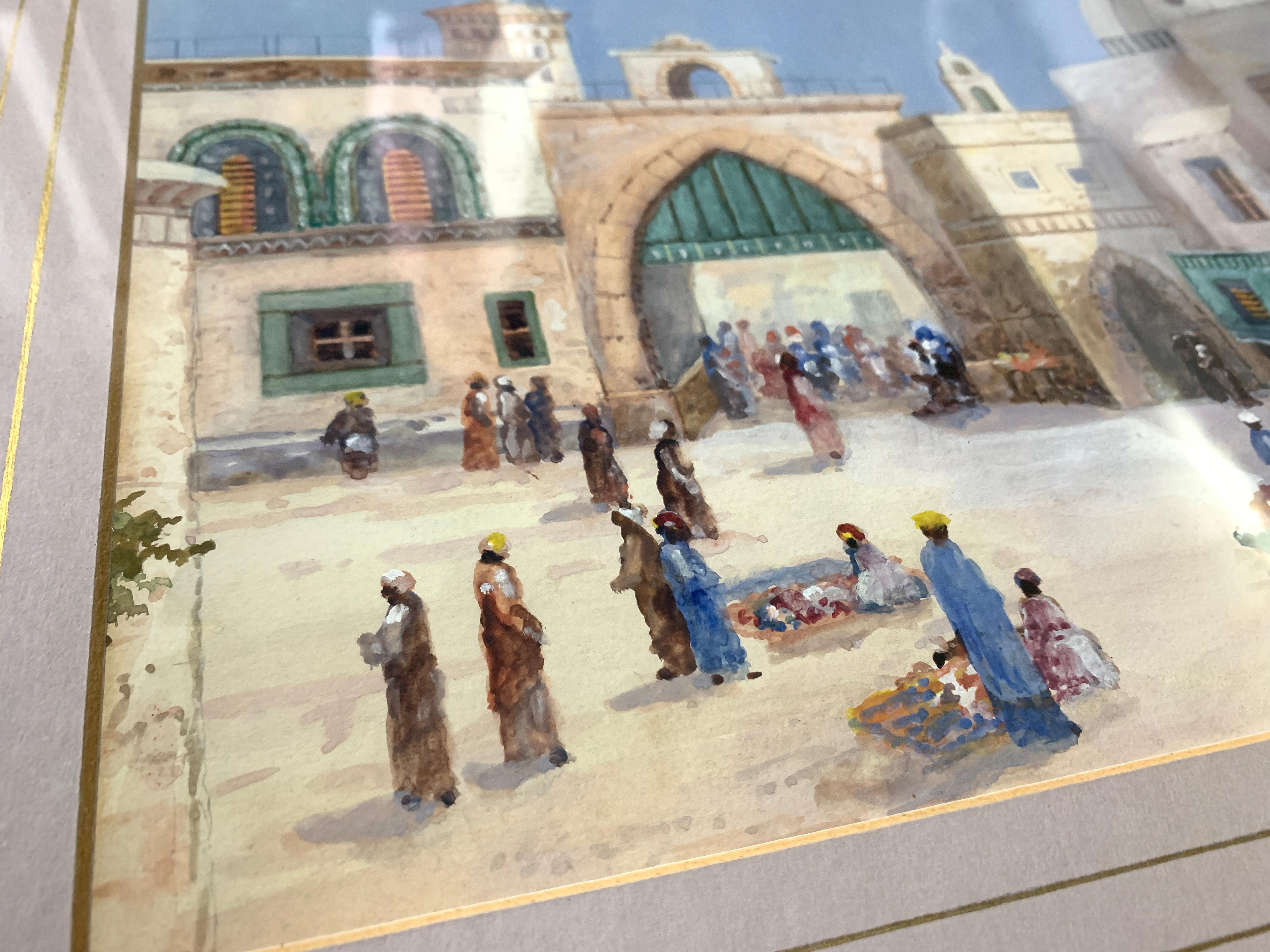 A fine watercolour orientalist paintings depicts a market scene.