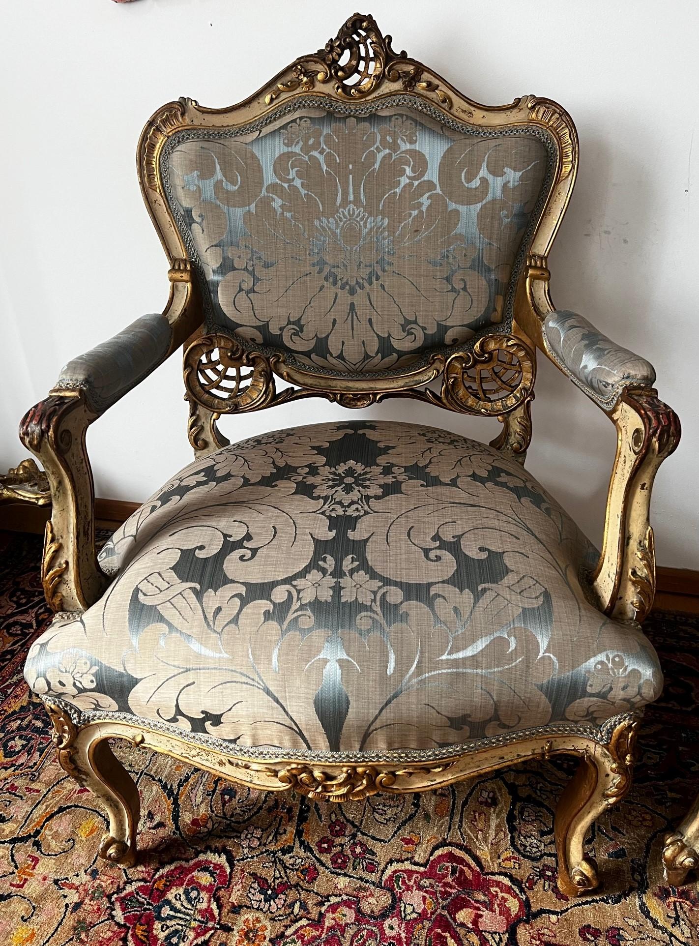 Baroque Pair of Original 18th Century Louis XV Salon Gold Gilded Chairs For Sale