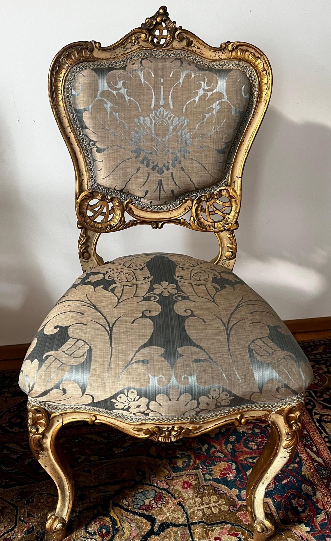 Pair of Original 18th Century Louis XV Salon Gold Gilded Chairs In Good Condition For Sale In Doha, QA
