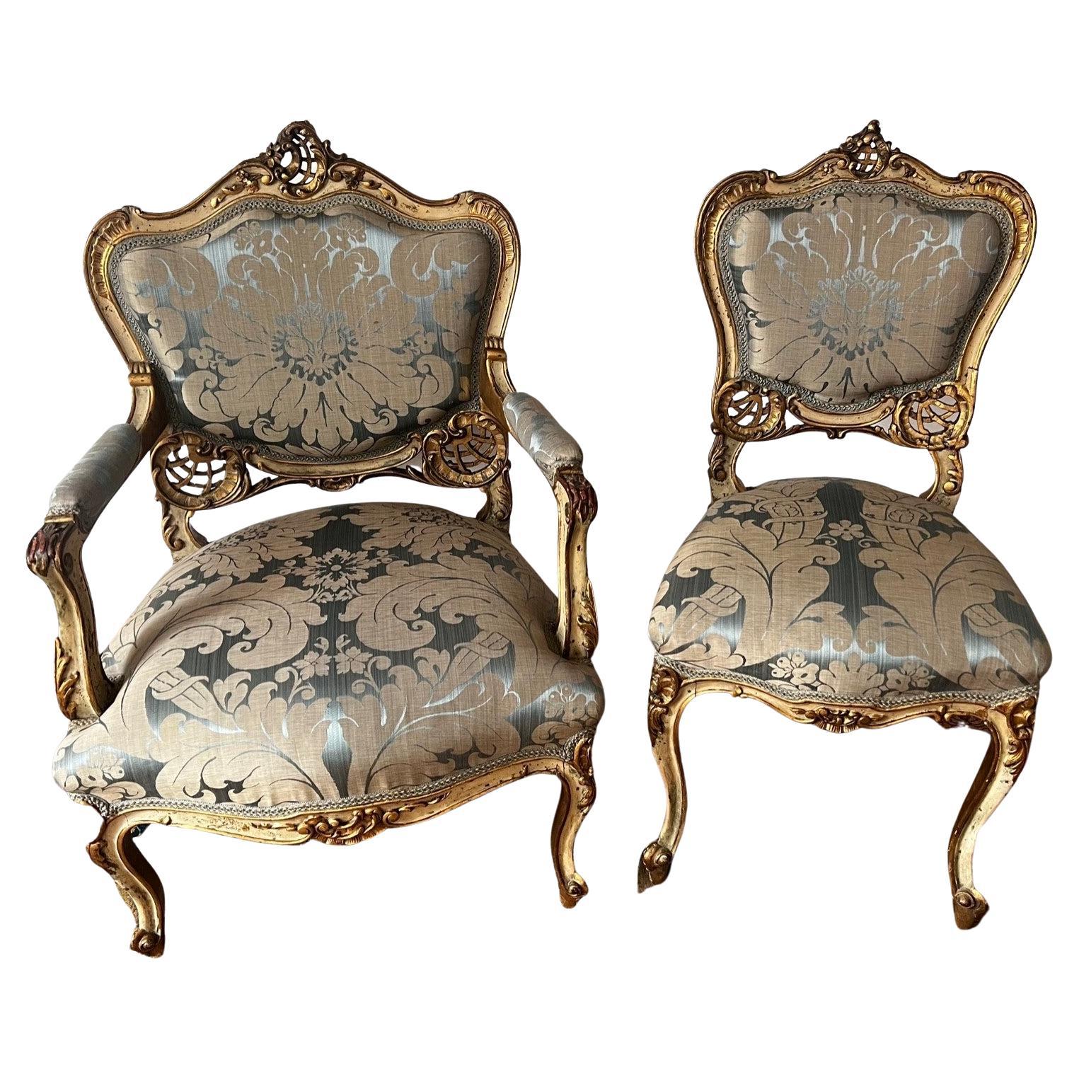 Pair of Original 18th Century Louis XV Salon Gold Gilded Chairs For Sale
