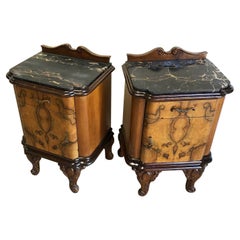 Pair of Original 1920 Italian Nightstands in Walnut, with Portoro Marble