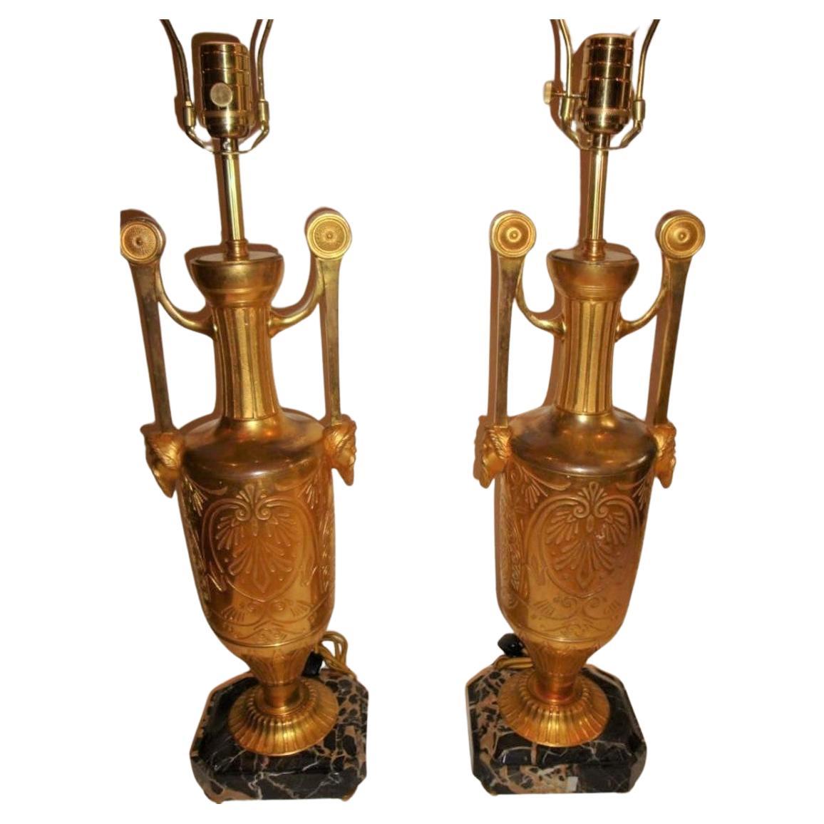 Pair of Original 1920's Outstanding Pair of Rare Gilt Bronze Table Top Lamps For Sale