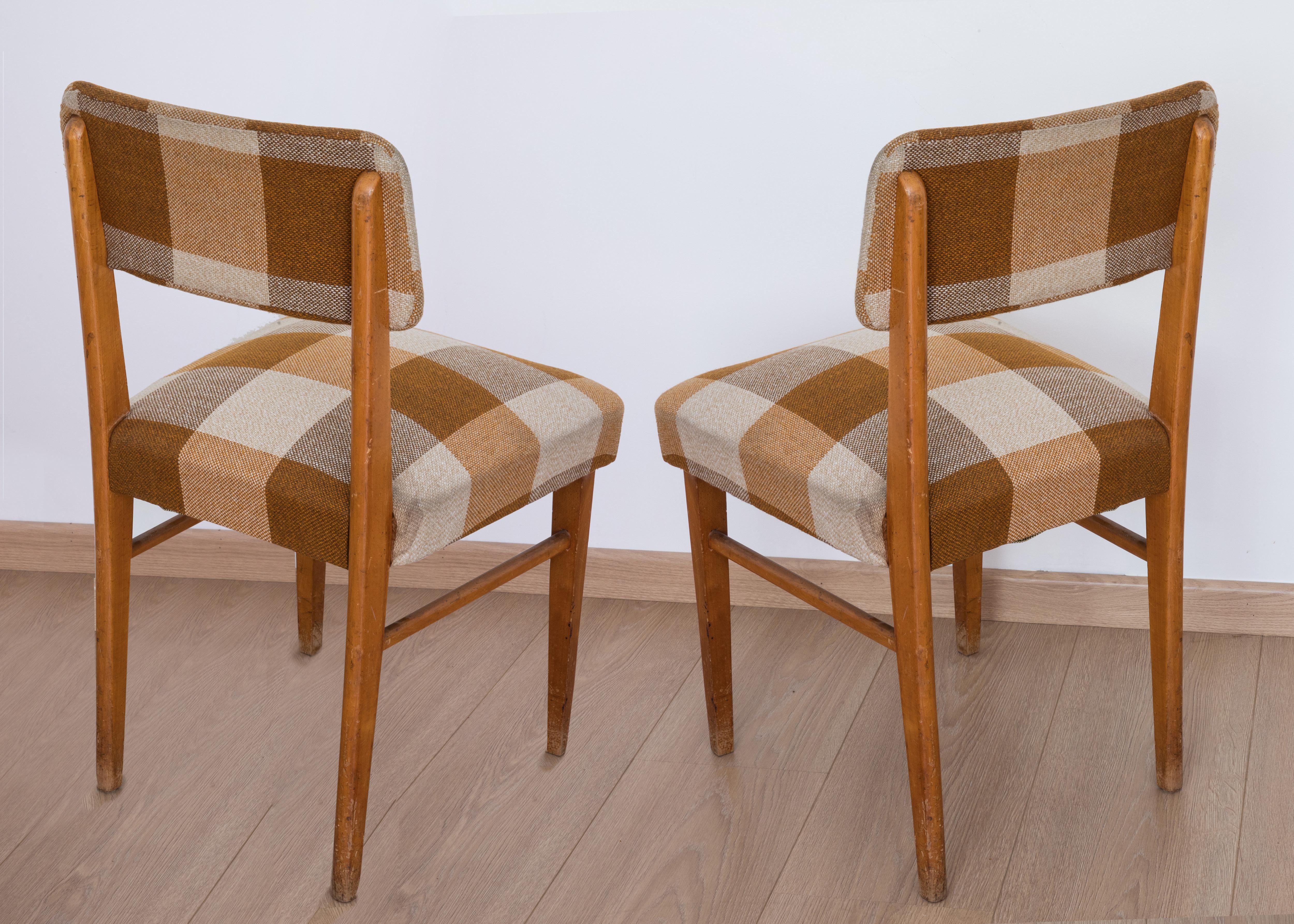 pair of original 1950s chairs. with wooden structure and seat covered in fabric. total 85 cm, depth 48 cm, width 44 cm, approx. Italian Design probably Anonima Castelli Bologna.