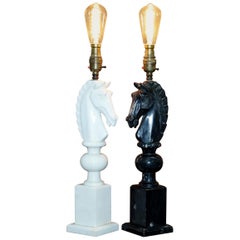 Pair of Original 1950s Italian Carrara Marble Chess Horse Lamps Fully Serviced