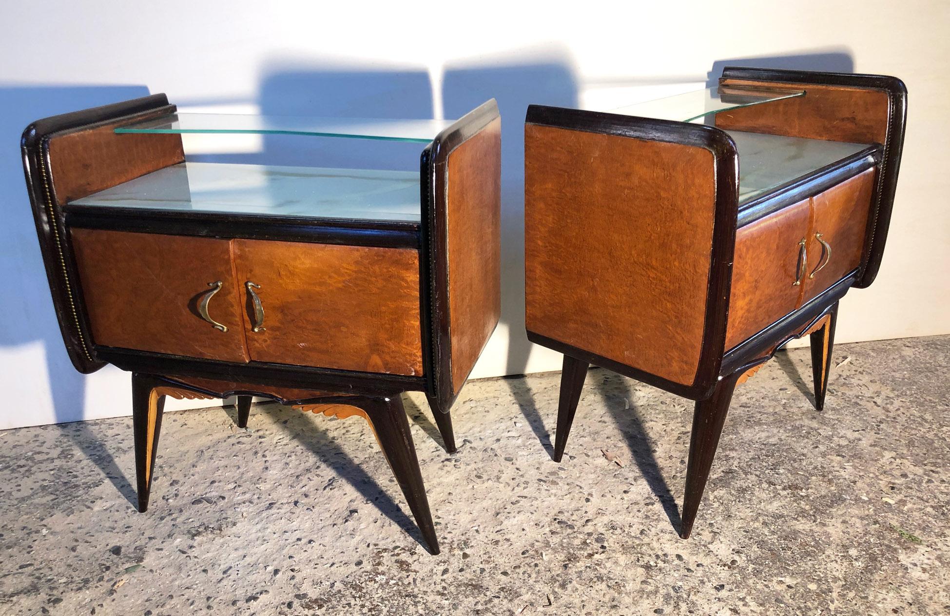 Mid-20th Century Pair of  Italian Design Nightstands Ebonite Wood Marbled Glass For Sale