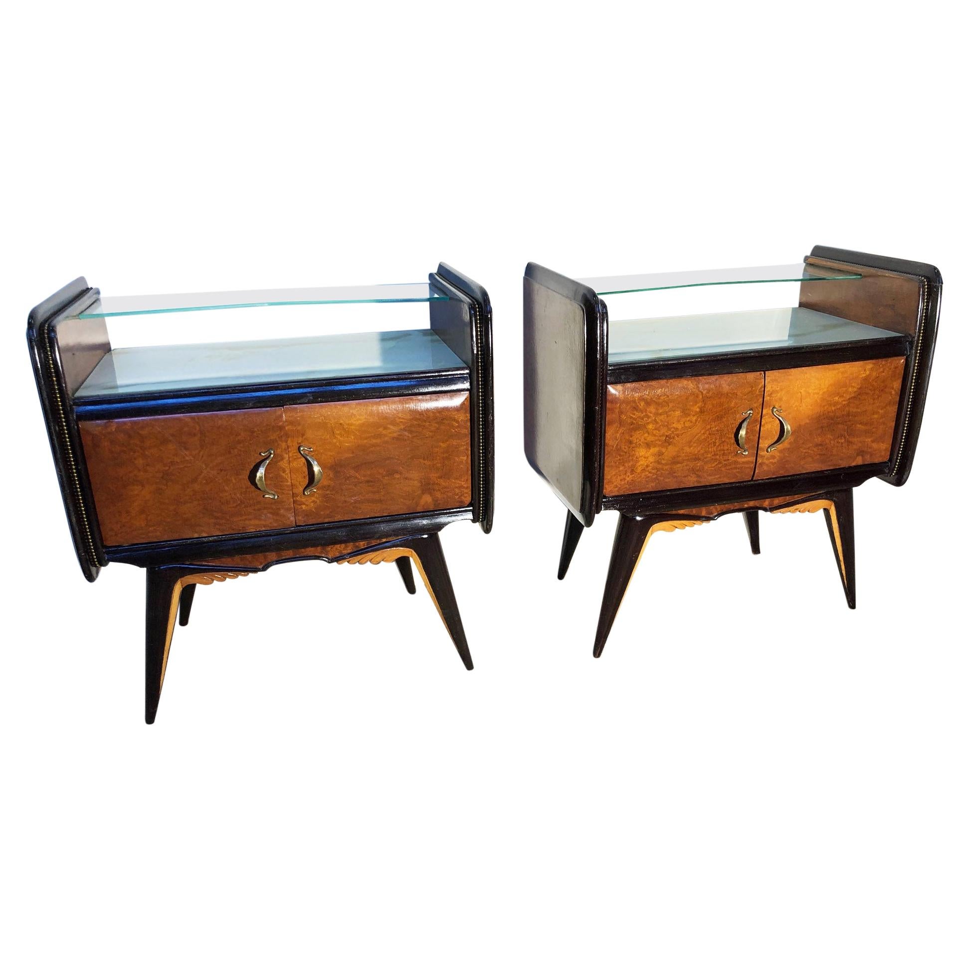 Pair of  Italian Design Nightstands Ebonite Wood Marbled Glass For Sale