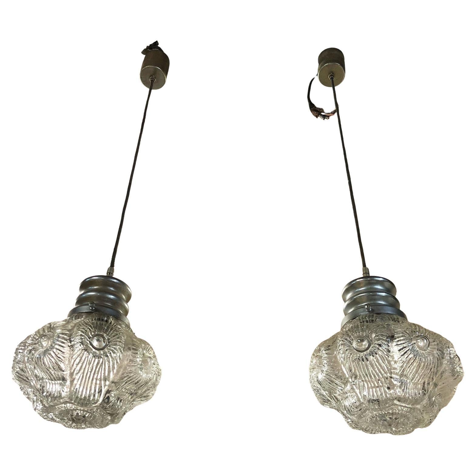 Pair of Original 1960s Italian Chandeliers with Floral-Shaped Glass and Chromed