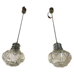 Vintage Pair of Original 1960s Italian Chandeliers with Floral-Shaped Glass and Chromed
