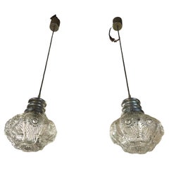 Pair of Original 1960s Italian Chandeliers with Floral-Shaped Glass and Chromed