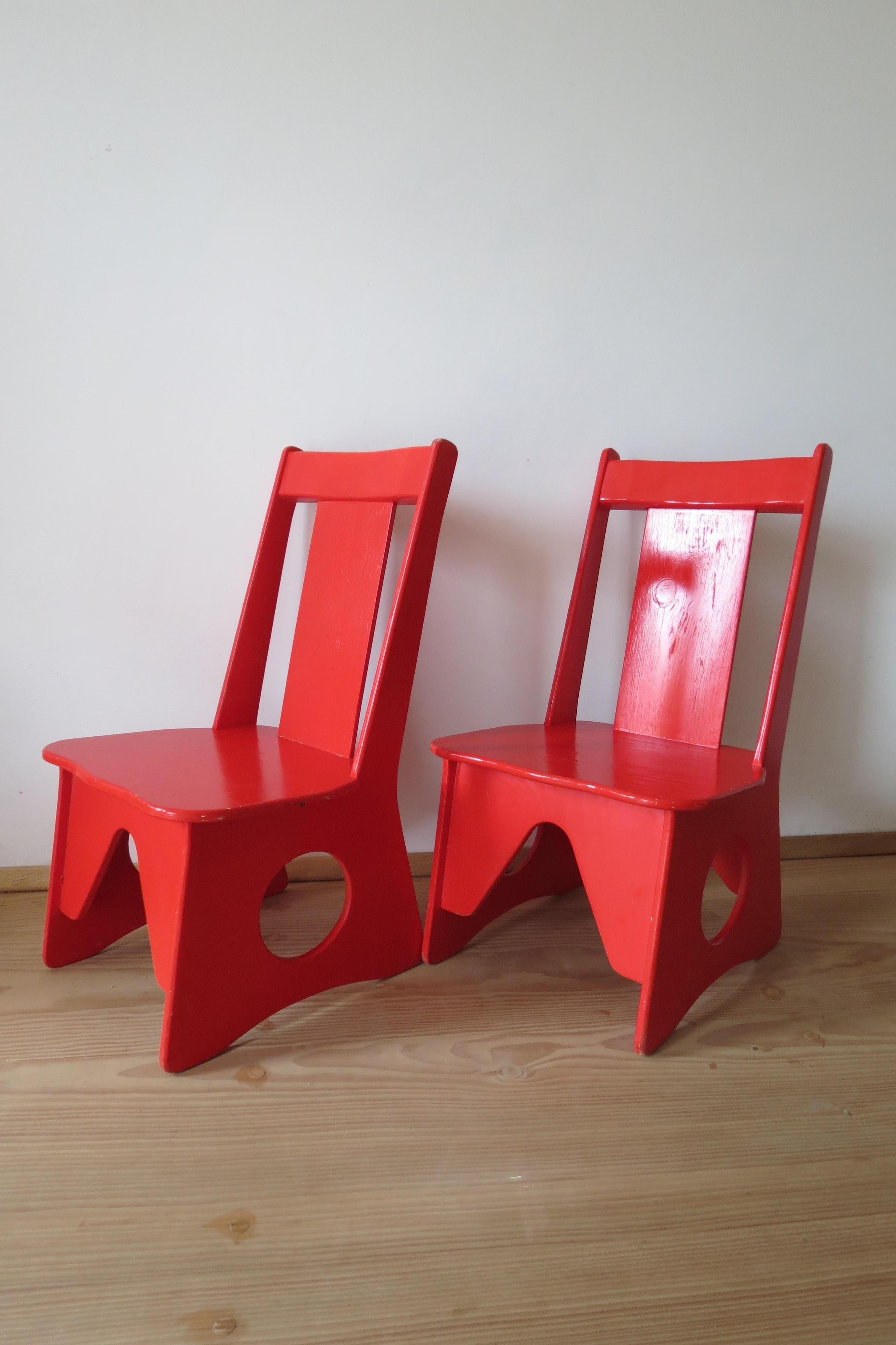 Painted Pair of Original 1960s Red Childrens Chairs