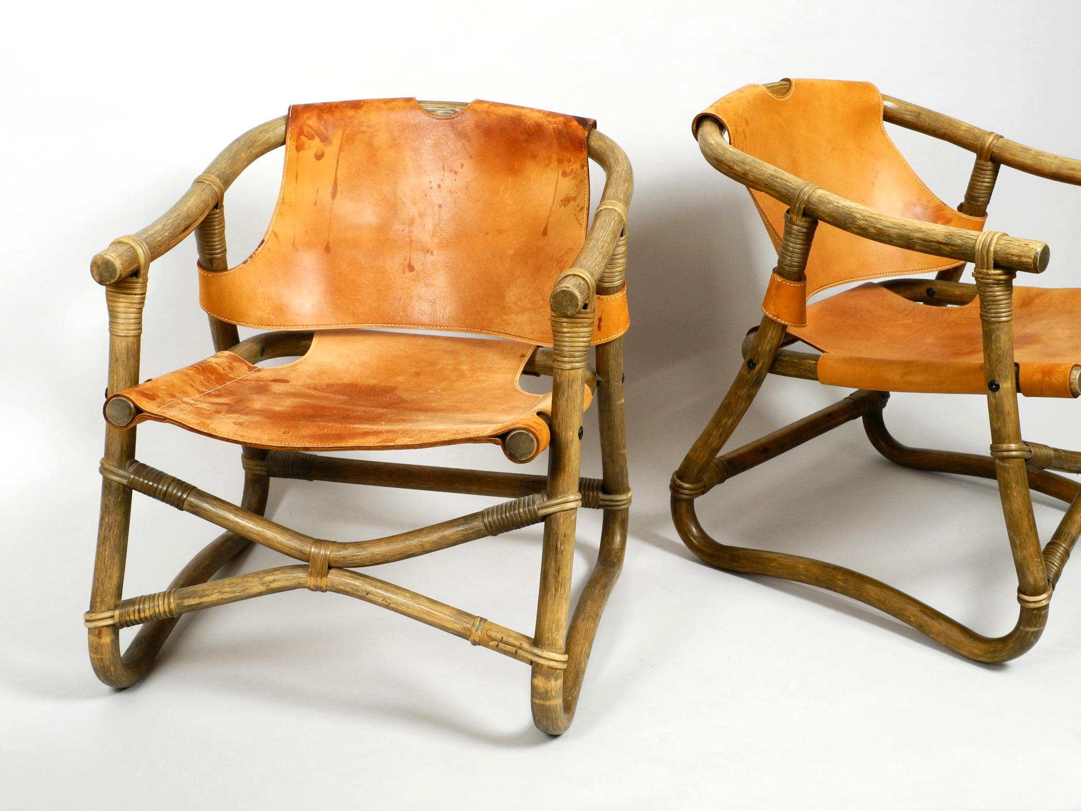 Pair of Original 1960s Safari Lounge Chairs Made of Bamboo and Brown Leather 5
