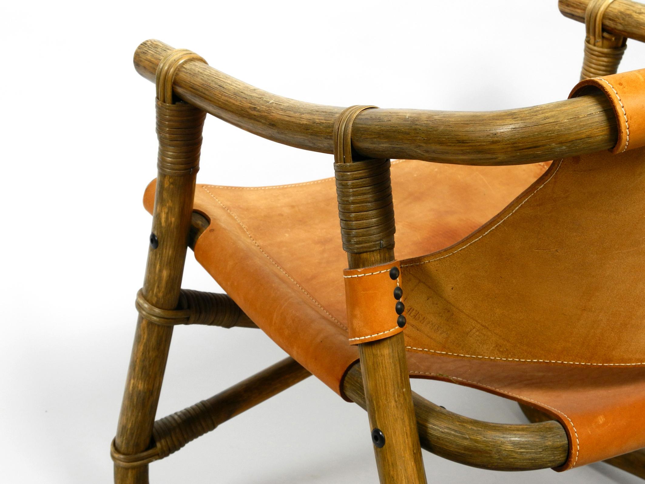 Pair of Original 1960s Safari Lounge Chairs Made of Bamboo and Brown Leather 8