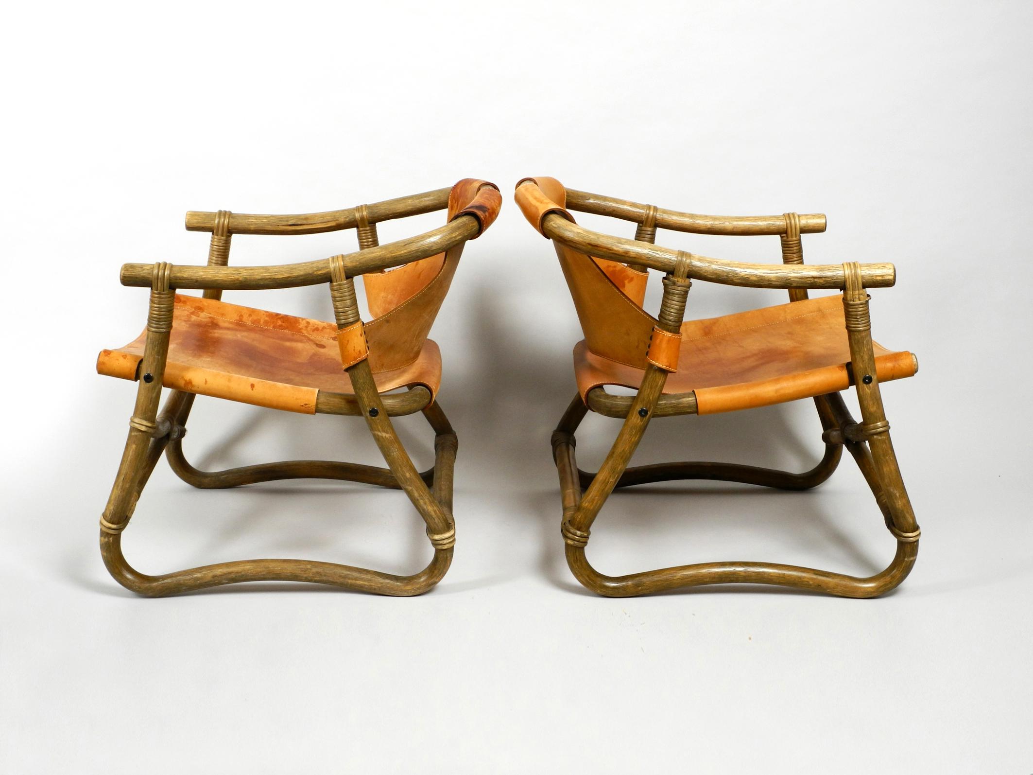 Mid-Century Modern Pair of Original 1960s Safari Lounge Chairs Made of Bamboo and Brown Leather