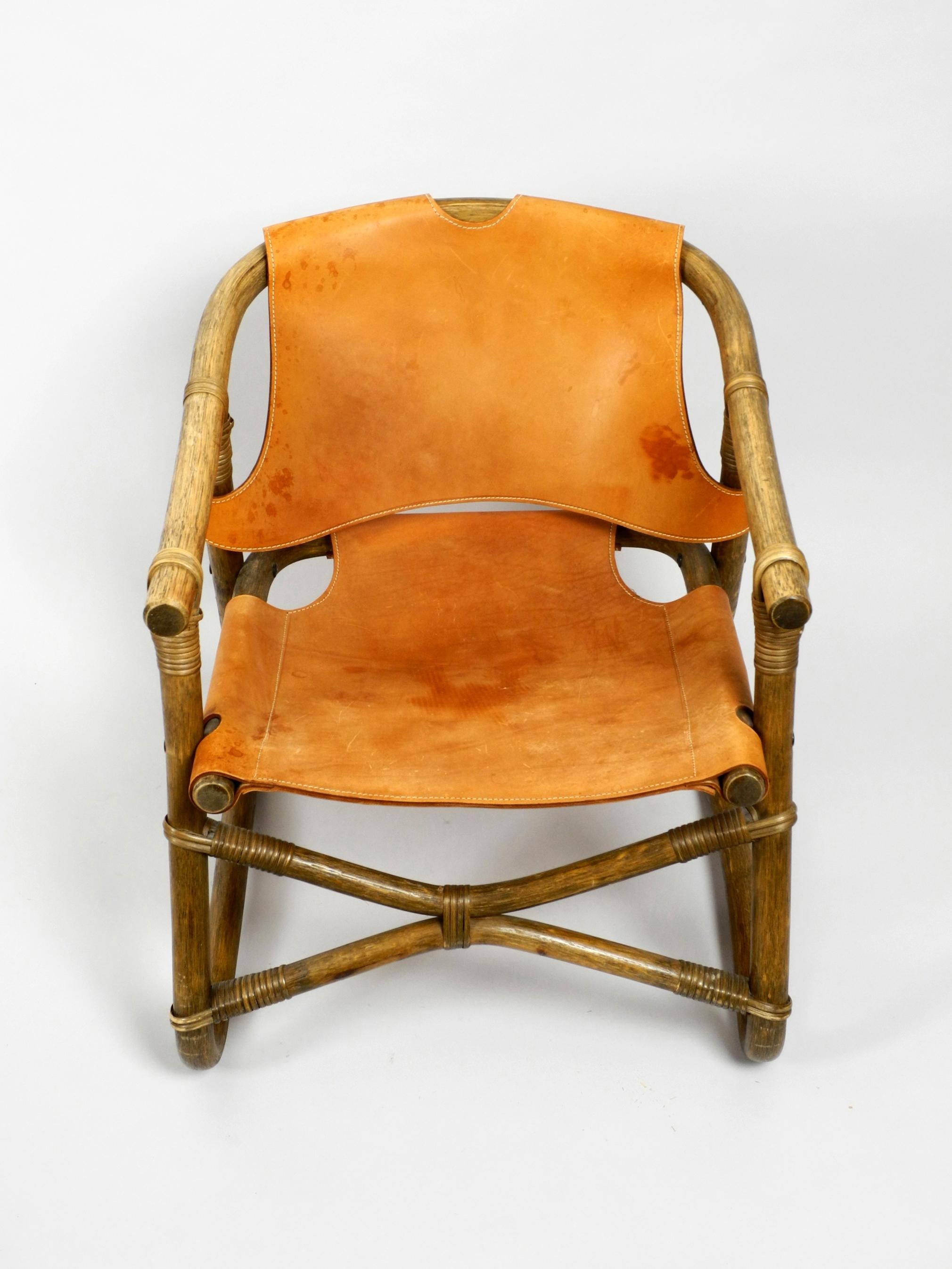 Mid-20th Century Pair of Original 1960s Safari Lounge Chairs Made of Bamboo and Brown Leather