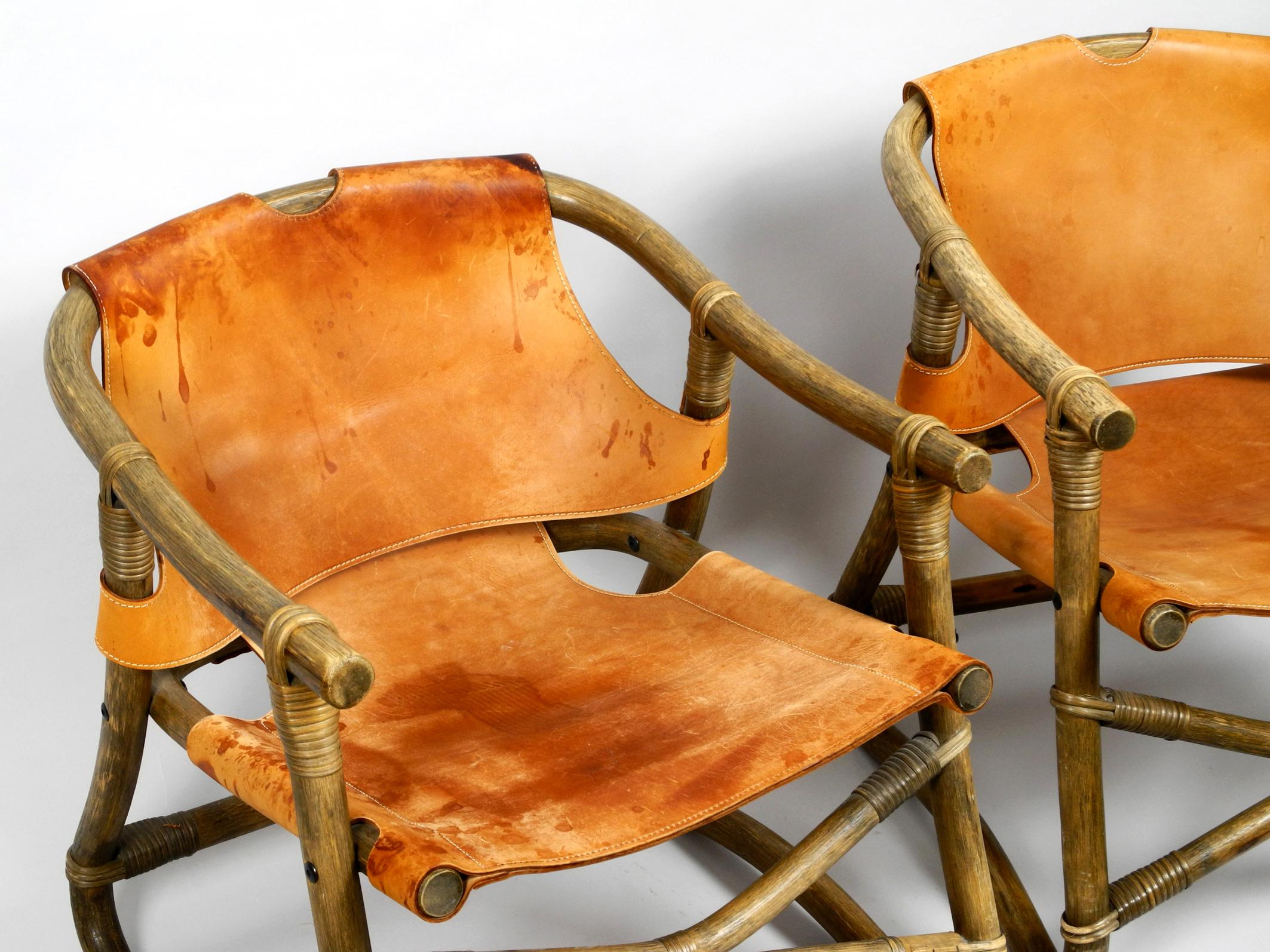 Pair of Original 1960s Safari Lounge Chairs Made of Bamboo and Brown Leather 1