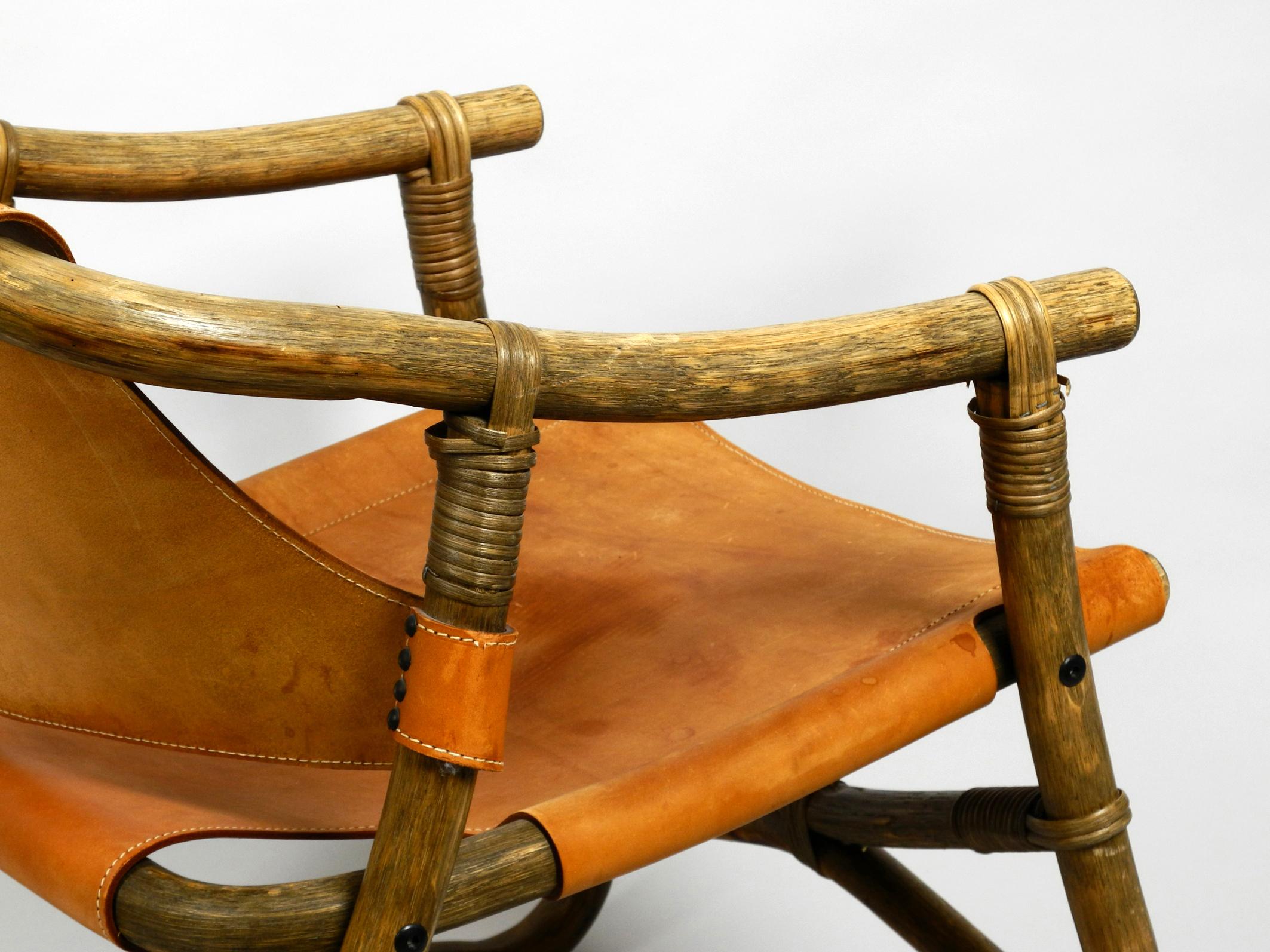 Pair of Original 1960s Safari Lounge Chairs Made of Bamboo and Brown Leather 2