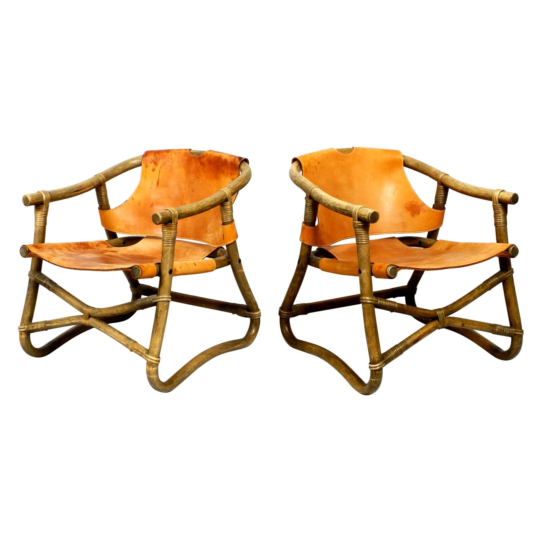 Pair of Original 1960s Safari Lounge Chairs Made of Bamboo and Brown Leather