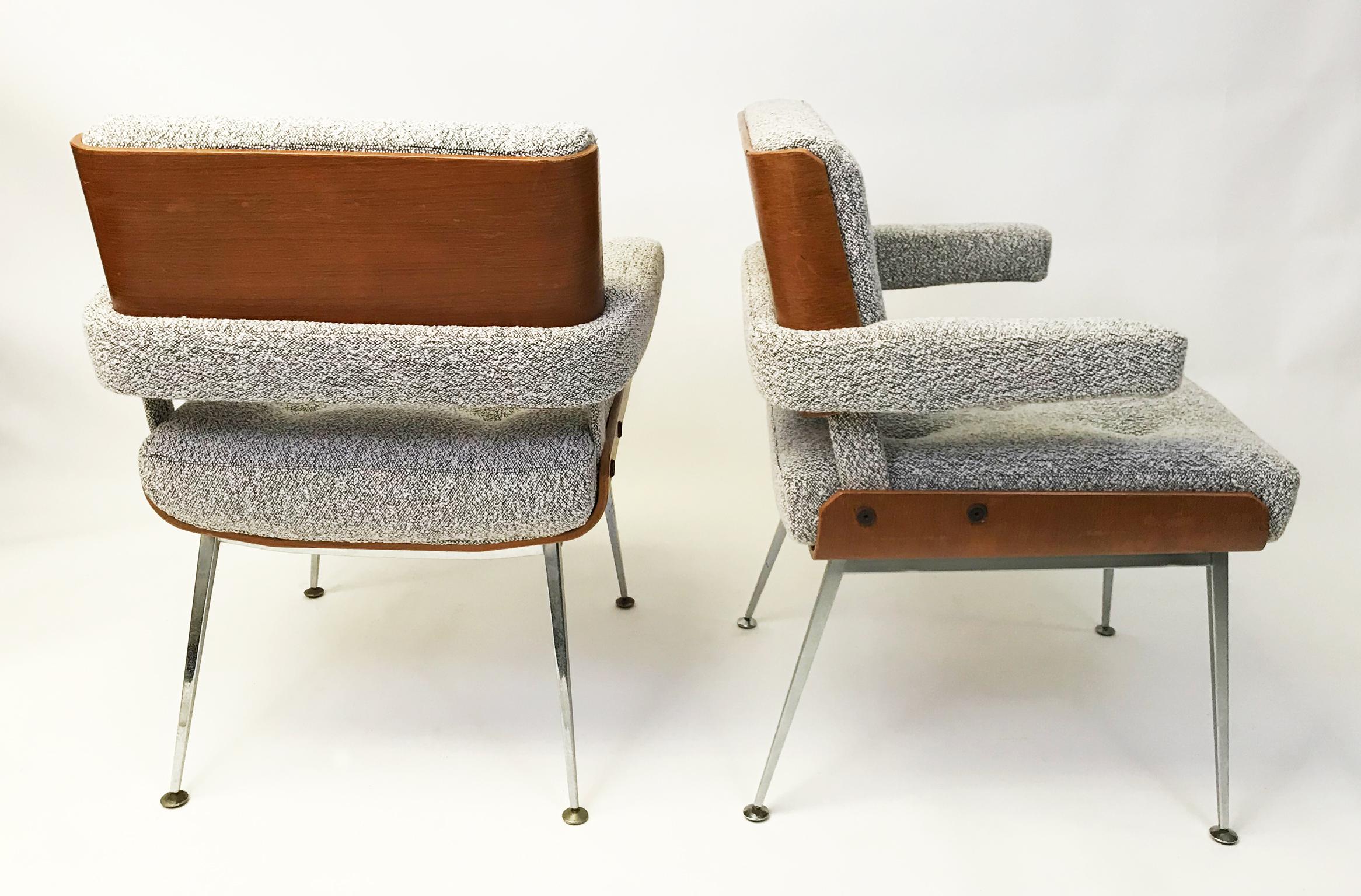 Pair of Alain Richard armchairs Mid-Century Modern, France

Pair of bentwood and chrome leg armchairs of exceptional style. 
Designed by Alain Richard in France, circa 1959. These are originals - not a re-issue. New upholstery in soft bouclé wool