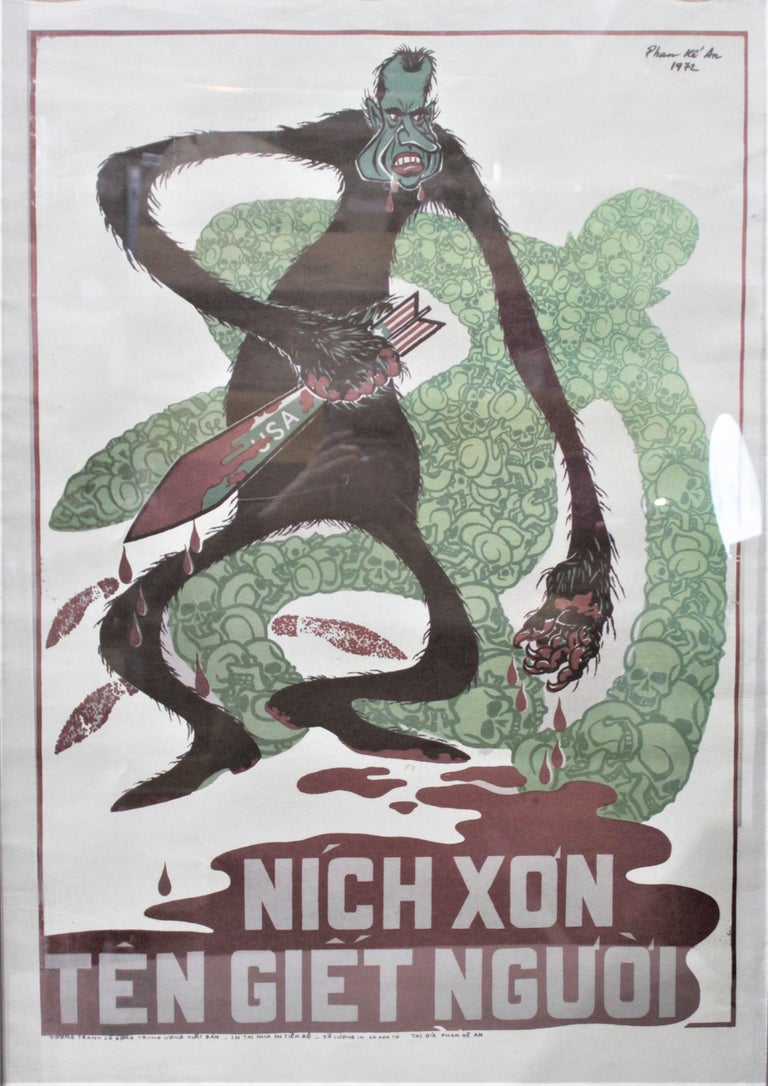 This set of two vintage posters were produced in Vietnam in the early 1970s in protest of the Vietnam War and in particular President Nixon. These colorful posters are done on a thick, possibly handmade parchment type rice paper and are printed in a