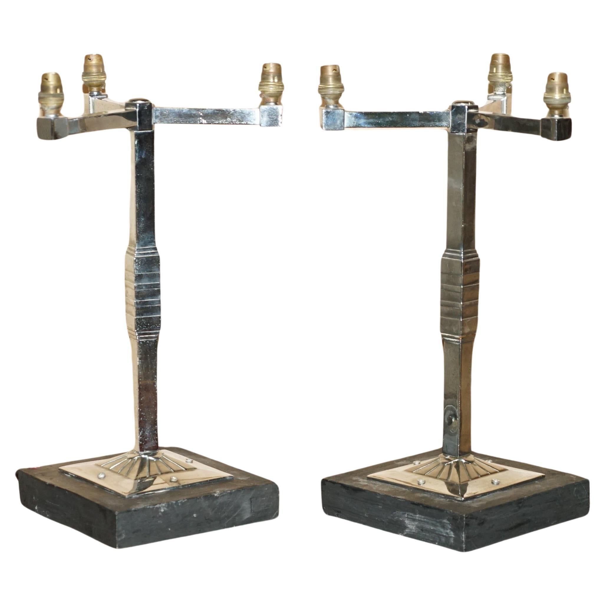PAIR OF ORIGINAL ANTIQUE FRENCH ART DECO CHROME THREE BRAND LIGHT TABLE LAMPs For Sale