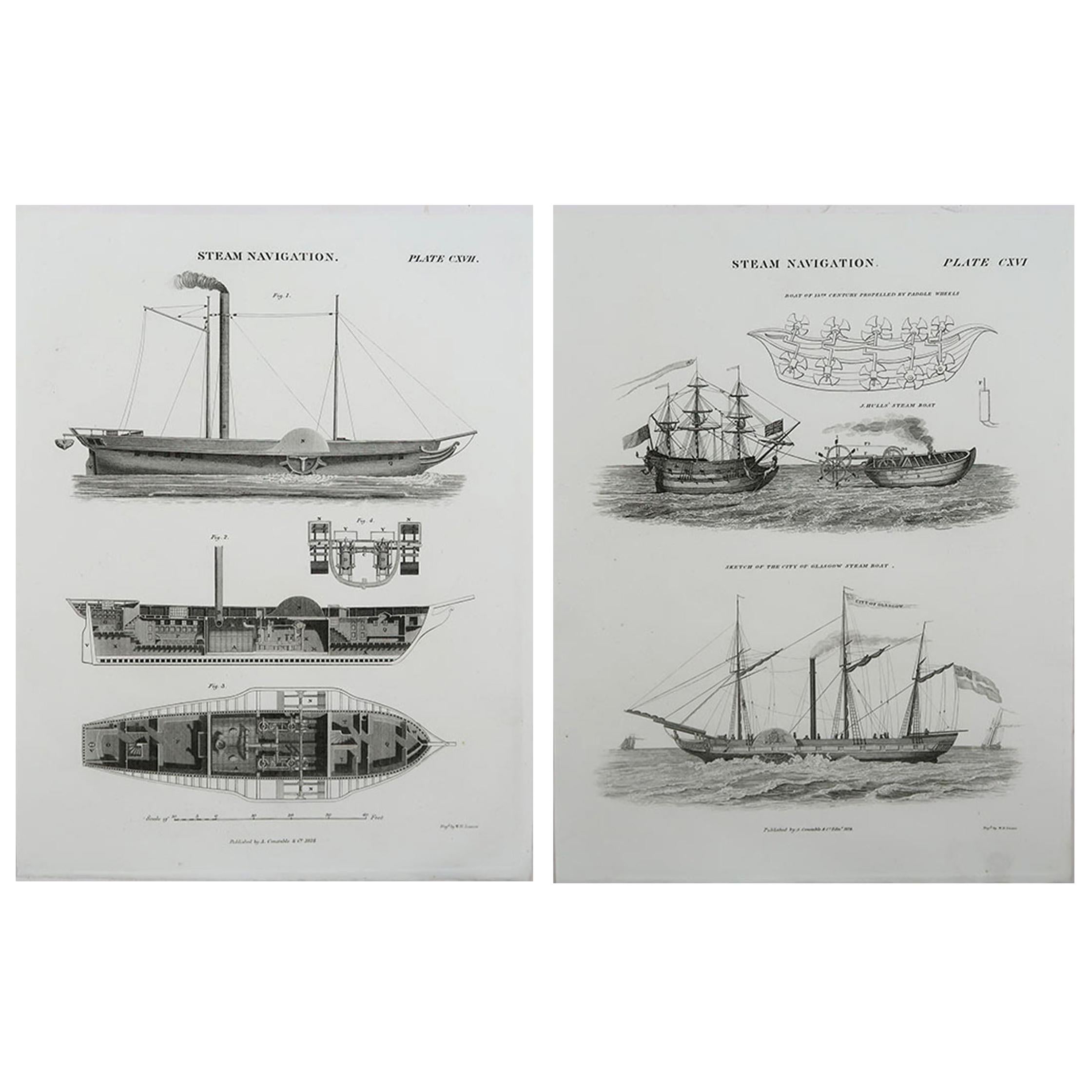 Pair of Original Antique Marine Prints, Dated 1824