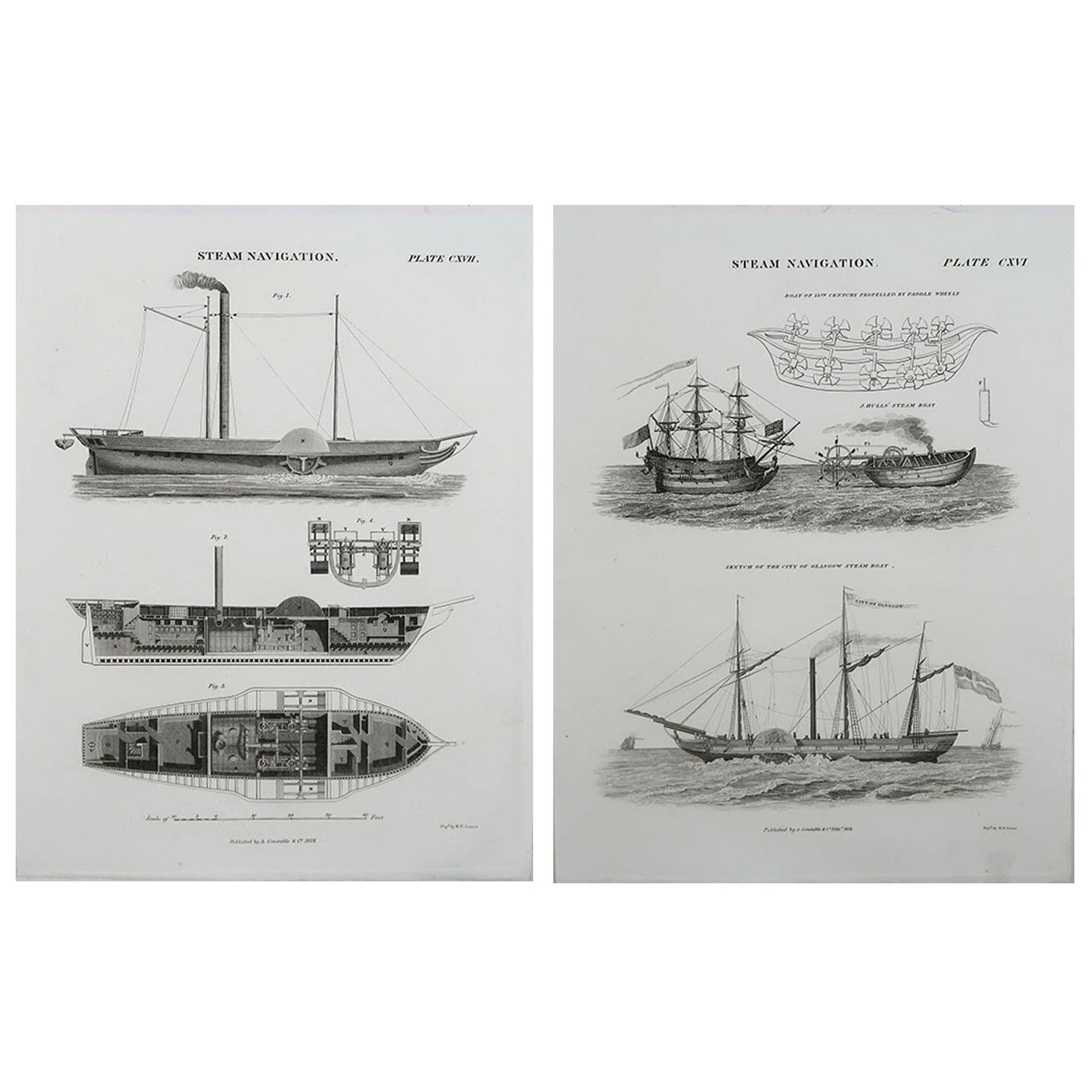 Pair of Original Antique Marine Prints, Dated 1824